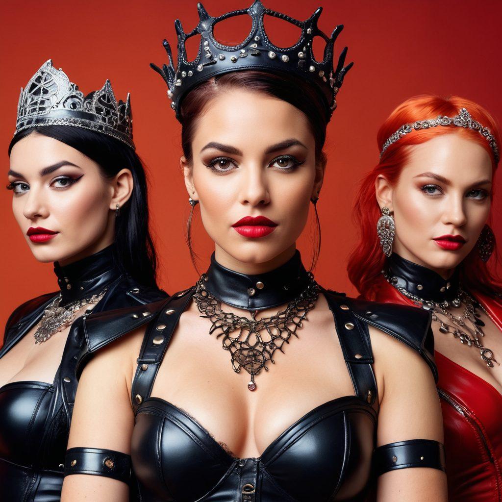 A powerful portrayal of diverse women confidently leading a vibrant kink community, showcasing an array of leather, lace, and colorful accessories. The scene features a dynamic gathering with women engaging in varied kink activities, expressing authority and camaraderie. Include symbols of empowerment like crowns and scepters made from bondage gear. Bright, bold colors and intricate patterns fill the background to reflect liveliness and freedom. super-realistic. vibrant colors. energetic atmosphere.
